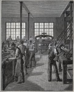 Herstellung von Federhaltern und Bleistifthaltern. Gravur von 1885 in „Les arts et métiers illustrés“ von Adolphe Bitard. von Unknown artist
