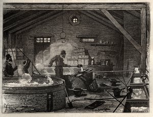 Seifenherstellung - Die Seifenindustrie - Herstellung von Talgseife in einer Fabrik in der Nähe von Paris, Kochvorgänge und Gießen in Formen. Gravur in 