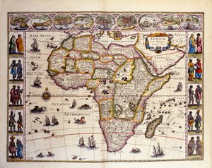 Karte von Afrika aus William Blaeus Atlas. Oben sind die Städte Tanger, Ceuta, Algier, Tunis, Alexandria, Alcair, Mosambik, Saint Georges de la Mina, Kanarische Inseln. Verschiedene Inseln sind auch vor Afrika dargestellt, die Maskarenen-Inseln, Mada