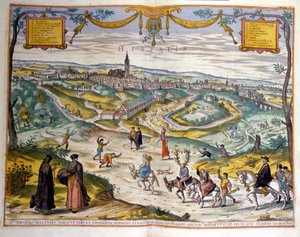 Karte der Stadt Sevilla im Jahr 1590. Unten rechts im Bild machen sich die Dorfbewohner über einen gehörnten Mann auf seinem Esel lustig von Unknown artist
