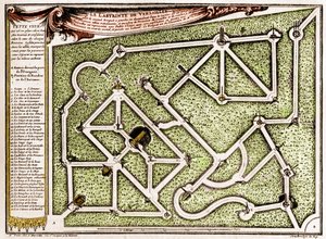 Karte des Labyrinths im Park des Schlosses von Versailles, erstellt von André Le Nôtre (1613-1700). Gravur in „La Nature. Revue des sciences et de ses applications aux arts et à l