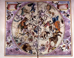 Himmelskarte und Tierkreiszeichen - Faksimile einer antiken Komposition, die die Sternbilder des nördlichen Himmels darstellt, nach der „Harmonia Macrocosmica“ von André Cellarius