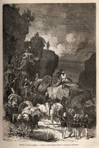 Marsch der englischen Armee zum Dalanta-Plateau, den Truppen von Kaiser Theodoros (ca. 1818-1868) folgend, mit Elefanten für den Transport von Artilleriestücken. Gravur zur Illustration der Geschichte "Les captifs de Theodoros", von Doktor Henry Blanc von Unknown artist