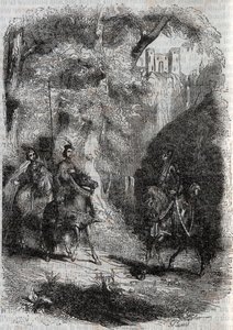 Marphise und die alte Frau treffen Pinabel - Gravur von 1851 aus „Roland furieux“ (Orlando furioso) (16. Jahrhundert) von Ludovico Ariosto, bekannt als der Ariosta - Ausgabe übersetzt aus dem Italienischen von Graf von Tressan und veröffentlicht von Gustav