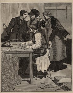 Marketerie: Marketerie bei der Arbeit. Gravur von 1885 in „Les arts et métiers illustrés“ von Adolphe Bitard.