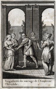 Heirat des byzantinischen Kaisers Theophilos (813-842): Nachdem er die schönsten Frauen des Reiches versammelt hatte, um eine Frau zu finden, wählte er Theodora und bot ihr einen goldenen Apfel an. Gravur in „Beaute de l