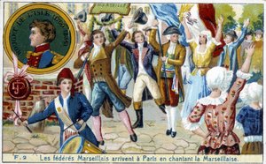 Marseiller Föderierte kommen in Paris an und singen die Marseillaise - Chromolithographie, spätes 19. Jahrhundert