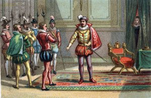 Massaker von Saint Barthelemy, der Herzog von Conde und Heinrich von Navarra wurden zu Karl IX., König von Frankreich (1550-1574), gebracht, der ihnen die Wahl zwischen Messe und Tod anbot. Catherine de Medicis (Caterina de Medici) (1519-1589) beobachtet d von Unknown artist