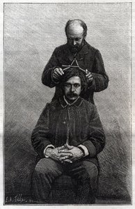Messungen der maximalen Kopfbreite durch die Polizeipräfektur nach den Methoden von Alphonse Bertillon (1853-1914), bekannt als „Bertillonage“. Gravur in „La Nature“ von Unknown artist