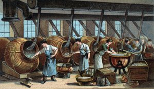 Mechanische Herstellung von Dragees. Chromolithografie aus dem späten 19. Jahrhundert