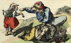 Medor rettet Little Chef vor dem Wolf. Illustration des Märchens „Bon Medor und Little Chevrette“. In „Märchen aus dem Heim für die Kleinen“. Anonyme Gravur des 19. Jahrhunderts.