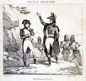 Treffen von Napoleon Bonaparte und Pasquale oder Pascal Paoli (1725 - 1807), korsischer Patriot. Gravur des 19. Jahrhunderts von Unknown artist