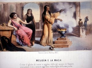 Melissa und die Zauberin: „So wie die Kupfersphäre den Einfluss der Venus erfährt, möge mein Geliebter an meiner Tür erscheinen“. 1857 von Unknown artist