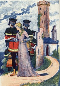 Männer maskieren die Prinzessin. Anonyme Illustration für das Märchen „L