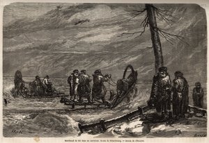 Händler des Ambulanten an einer verschneiten Kreuzung der Straße nach St. Petersburg. Zeichnung von Henriet, zur Illustration seiner Reise in die russischen Ostseeprovinzen in den Jahren 1851-54. Gravur in „Le tour du monde“, herausgegeben von Edouard Char von Unknown artist