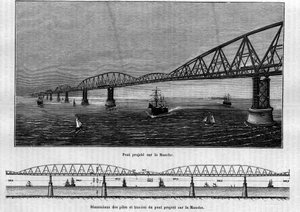 Projekt einer Metallbrücke über den Ärmelkanal: Oben die fertige Brücke; unten die Abmessungen der Pfeiler und Traversen der geplanten Brücke. Gravur in „Le Journal de la jeunesse“ von Unknown artist