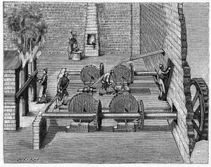 Metallurgie im 18. Jahrhundert: ein Gießereizug. Gravur in „La Nature: revue des sciences et de leurs applications aux arts et a l