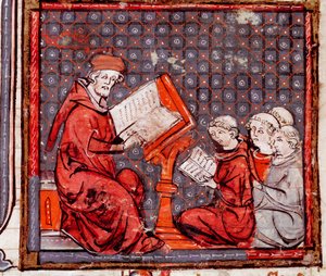 Mittelalter: Eine Philosophieklasse, der Lehrer und seine Schüler (Miniatur aus „Grandes Chroniques de France“)
