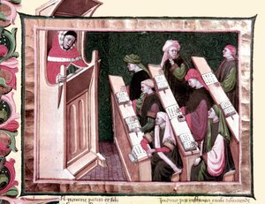 Mittelalter: Unterricht an einer Universität. Manuskript aus dem Anfang des 15. Jahrhunderts. Biblioteca Nazionale Centrale di Firenze.