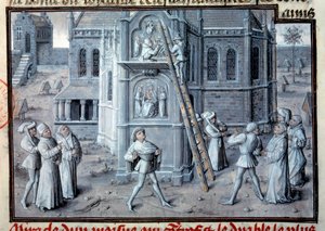 Mittelalter: der Bau gotischer Kathedralen. Bildhauer arbeiten an Reliefs auf einer Skala. Miniatur aus einem Manuskript. 15. Jahrhundert von Unknown artist