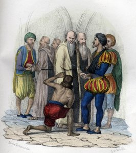 Miguel de Cervantes (1547-1616), spanischer Schriftsteller, gefangen genommen in Algier im Jahr 1575. In „Das alte und moderne Algerien“ von Léon Galibert. Italienische Ausgabe von 1846, koloriert.