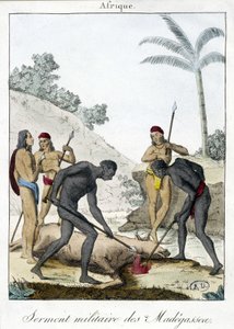 Militärischer Eid der Einwohner von Madagaskar (schlachteten einen Ochsen), Gravur 1811