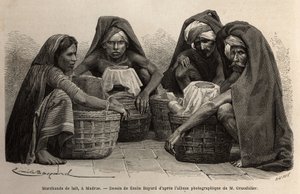 Milchhändler in den Straßen von Madras (heutiges Chennai, Tamil Nadu). Gravur zur Illustration der Reise in die südlichen Provinzen Indiens, von Alfred Grandidier, 1862-1864, veröffentlicht in „le tour du monde“, unter der Leitung von D