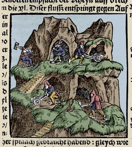 Bergwerke im 15. Jahrhundert. Stich aus Johann Stumpffs „Den Edlen Strength Besten Fromen“, Anfang 16. Jahrhundert