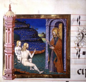 Miniatur, die die Erschaffung von Adam und Eva durch Gott darstellt. Antiphonar. 15. Jahrhundert. Biblioteca von Lodi