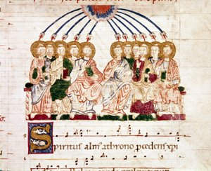 Miniatur Pfingsten aus einem Gradual-Antiphonar (Tropair) (ms. 65) 12. Jahrhundert von Unknown artist