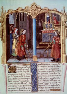 Wunder des Heiligen Ludwig (1214-1270): ein Krieger eines Lahmen mit Krücken. Miniatur in „Leben und Wunder des Heiligen Ludwig“