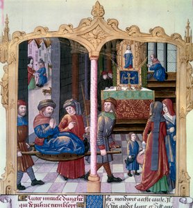 Wunder des heiligen Ludwig: König Ludwig IX. (1214-1270) heilt einen Gelähmten. Miniatur aus einem Manuskript „Das Buch der Taten von Monsignore Saint Louis“ 15. Jahrhundert. Paris, B.N.