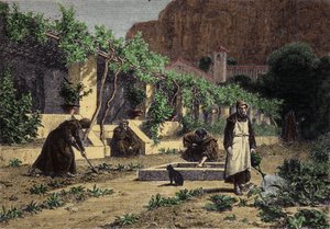 Gemüsegarten des Klosters: Mönche bauen Gemüse in ihrem Garten an. Gravur des 19. Jahrhunderts von Unknown artist