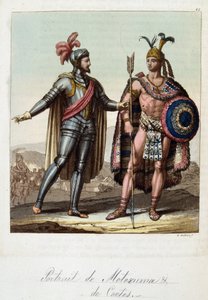 Montezuma II., Aztekenkönig, und Hernan (oder Hernando) Cortes oder Fernand Cortez (1485-1547), spanischer Konquistador - in „Das alte und moderne Kostüm“ von Ferrario, ed. Mailand von Unknown artist