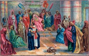 Moses und Aaron gegen den zornigen Pharao. Chromolithographie aus dem späten 19. Jahrhundert
