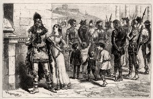 Bewegt von diesem traurigen Anblick, bittet Theodechilde oder Thichilde (Tochter von Thierry I.) (gestorben 534) um das Leben und die Freiheit des Gefangenen - Gravur in „Les Femmes Illustres De La France“ von Oscar Havard - 1886