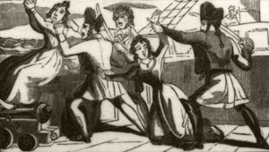 Mrs. Glass und ihre Tochter flehen die Piraten an, ihr Leben zu verschonen, ca. 1836