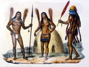 Mundrucu- und Jivaros-Indianer in Ecuador. Gravur 1846-48.