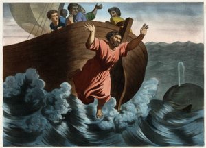 Jonas, verantwortlich gemacht für den Sturm, der das Schiff bedrohte, schlug vor, ihn über Bord zu werfen. Gott sandte einen Fisch, der den Propheten verschlang. Anonyme Gravur aus der Mitte des 19. Jahrhunderts. von Unknown artist