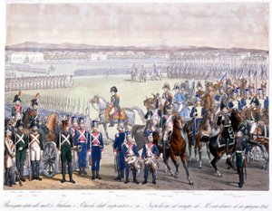 Napoleon Bonaparte überprüft die italienische und polnische Miliz in Montechiaro im Jahr 1805 (Stich von 1845)