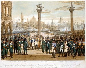 Napoleon I in Venedig am 29. November 1807 vor der italienischen Marine. Gravur von 1845