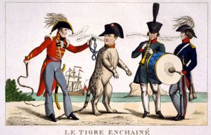 Napoleon I. in einem angeketteten Tiger, gehalten von einem britischen Offizier mit einer Peitsche. Russland und Österreich spielen daneben Musik. Karikatur 1815. von Unknown artist