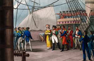 Napoleon vertraut auf den britischen Glauben - Napoleon Bonaparte an Bord der Bellerophon, dem britischen Schiff, das ihn ins Exil nach St. Helena brachte (St. Helena) am 15. Juli 1815 - Napoleon der Große, der sich der Großzügigkeit der britischen Nation  von Unknown artist