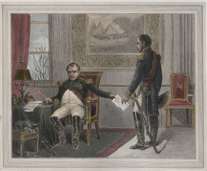 Napoleon unterzeichnet seine Abdankung 1814 - Napoleon Bonaparte in Fontainebleau während seiner ersten Abdankung, unterzeichnet im April 1814 - Gravur in „Les Fastes populaires“ von Unknown artist