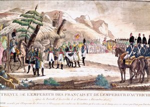 Napoleonischer Krieg: Napoleon I. trifft Kaiser Franz II. nach der Schlacht von Austerlitz am 2.12.1805. Gravur des 19. Jahrhunderts.