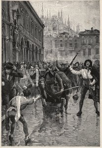 Napoleons Abdankung löst Unruhen in Mailand aus, und Giuseppe Prina, der unbeliebte Finanzminister, wird durch die Straßen geschleift und schließlich von der Menge auf der Piazza San Fedele in Mailand am 20. April getötet