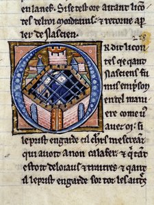 Nascion im Gefängnis. Manuskript: Eroberung des Heiligen Grals, geschrieben 717 Jahre nach der Passion unseres Herrn. Bibliothèque municipale de Rennes, ms. 255 (Sammlung von Romanen der Tafelrunde); Paris