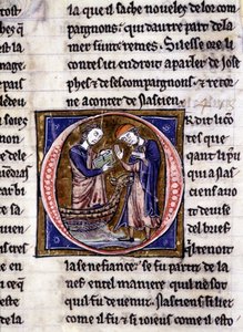 Nascion erhält das Buch (?). Manuskript: Eroberung des Heiligen Grals, geschrieben 717 Jahre nach der Passion unseres Herrn. Bibliothèque municipale de Rennes, ms. 255 (Sammlung von Romanen der Tafelrunde); Paris von Unknown artist