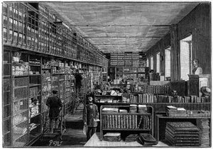 Nationalbibliothek in Paris: Büro des Katalogs. Oben befinden sich die Schachteln der Stücke. Stich in „La Nature: revue des sciences et de leurs applications aux arts et a l