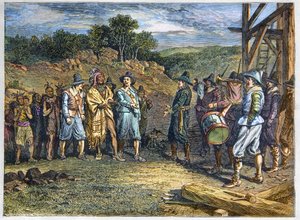 Ureinwohner Amerikas: Indianer. Die Siedler trafen Massasoit (1590-1661), auch bekannt als Ousamequin „Gelbe Feder“, Häuptling des Wampanoag-Stammes, Plymouth-Kolonie, Jahre 1620. Wampanoag-Anführer Massasoit besucht Kolonisten in Plymouth von Unknown artist